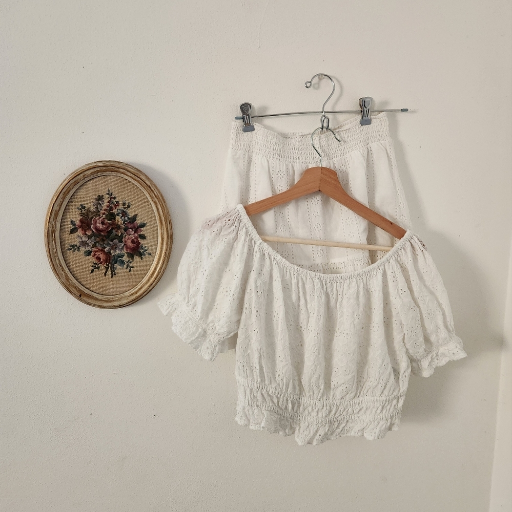 American Eagle eyelet skirt and off the shoulder blouse set